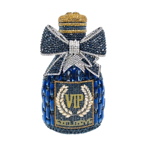 Detail of crystal perfume bottle clutch with blue and gold rhinestones and VIP pattern
