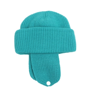 Lake blue knitted ear flap hat for children with ribbed design and white button