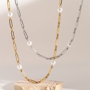 Collane minimaliste a graffetta in oro 18k e argento con perle bianche rotonde