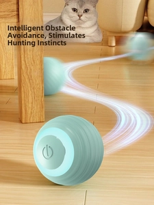 Smart mint green rolling cat toy with LED light ring and automatic obstacle avoidance