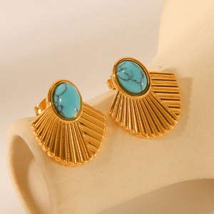 French vintage 18K gold plated stainless steel fan-shaped earrings with turquoise stones