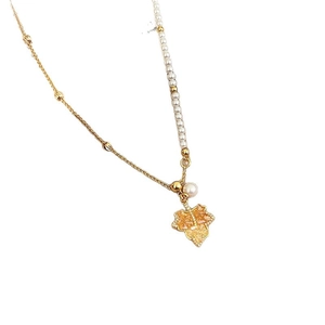 Elegant 18K gold plated necklace with maple leaf pendant and white pearl bead chain