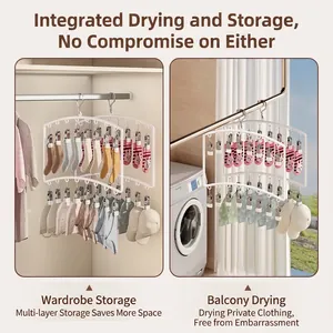 Double layer laundry drying rack with clips for baby socks and closet storage
