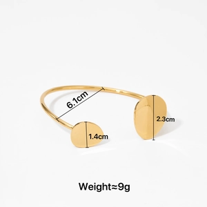 Minimalist gold stainless steel open bangle bracelet with measurement details and dimensions