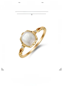 Close-up of geometric square white shell ring with S925 silver 14K gold plating