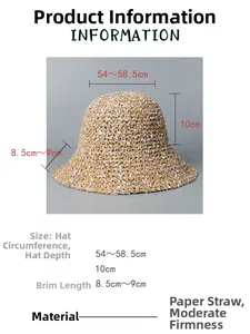Detailed size chart for handmade paper straw hat showing 54-58.5cm circumference
