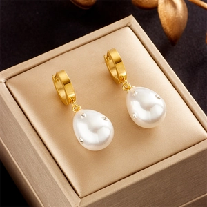 Water Drop Artificial Pearl Drop Earrings Titanium Steel Rhinestone Inlaid Vintage Elegant Jewelry For Women
