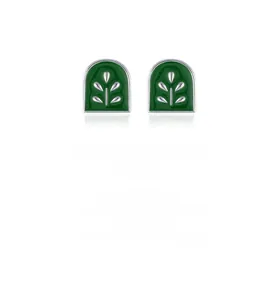 Detailed view of forest green enamel arched stud earrings with silver leaf design
