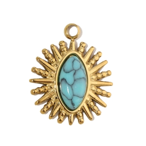 Macro detail of oval turquoise stone pendant with vintage golden sunburst metal frame