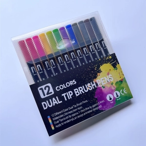 Detail of 12-color dual tip brush pens packaging showing brush and fine tips specs