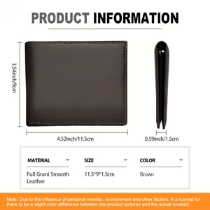 Detailed size specifications for the vintage leather wallet showing dimensions and material info