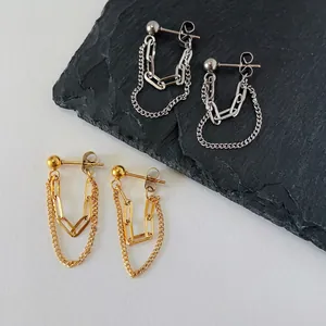 Double Layer Chain Stud Earrings 18K Gold Plated Titanium Steel Back Hanging Minimalist Industrial Style For Women