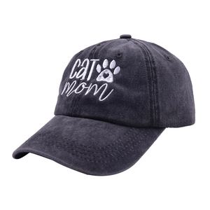 Washed dark grey baseball cap featuring CAT mom embroidery with cat paw heart design