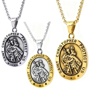 Saint Christopher Protect Us Pendant Necklace Stainless Steel Religious Oval Medal Polished Vintage Jewelry For Men Women
