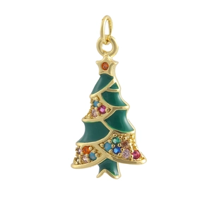 Pendentif sapin de Noël en métal doré avec émail vert et pierres de zircon colorées