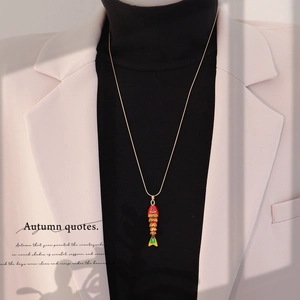 Vintage koi fish pendant necklace with multi-color enamel on a long gold chain for women