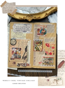 Close-up of vintage floral lace stickers and scrapbooking materials on a dark wood desk