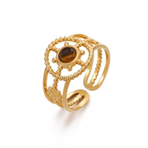 Golden stainless steel adjustable ring featuring a brown round gemstone in boho style