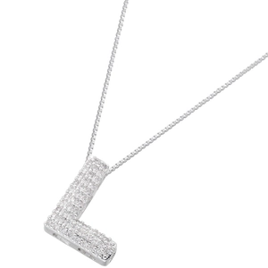 Macro detail of silver letter L pendant with pavé setting cubic zirconia stones