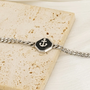 Men's silver stainless steel Cuban chain bracelet with black hexagon anchor charm