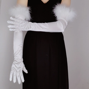Elegant white satin long bridal gloves with ostrich feather trim for women's summer weddings