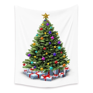 Detail of Christmas tree tapestry with colorful ornaments and silver gift boxes on white background