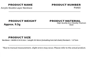 Detailed spec sheet showing acrylic double layer necklace dimensions and titanium steel material