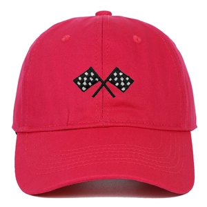 Detailed embroidery of black and white racing flags on a red cotton baseball cap