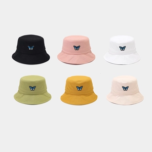 Detailed grid view showing six colors of butterfly embroidered cotton bucket hats