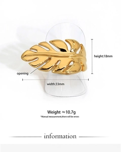 Detailed size specifications for the gold stainless steel leaf-shaped open ring design