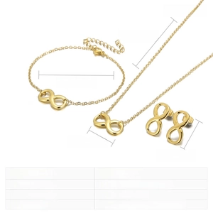 Detailed view of infinity symbol gold jewelry set including necklace and earrings