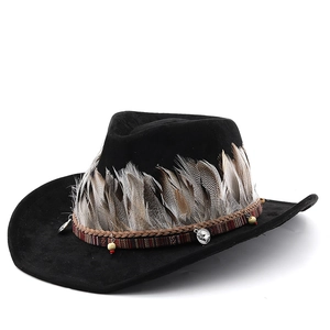 Chapeau de cowboy western classique en daim noir avec perles ethniques et garniture en plumes