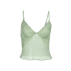 Detail of light green lace camisole featuring a V-neck design and delicate embroidery