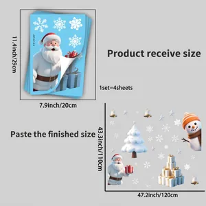 Size guide for Christmas snowman stickers set showing four sheets and assembly dimensions