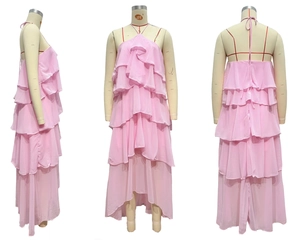 Three-view display of pink tiered ruffle halter dress with layered chiffon fabric