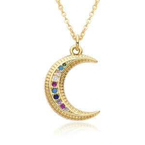 Elegant gold crescent moon necklace with colorful micro-paved gemstones on a dainty chain