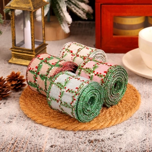 Christmas plaid ribbon roll set with red berry patterns for festive gift wrapping decor
