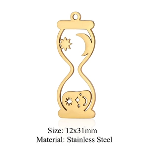 Detailed view of gold stainless steel hourglass charm with sun and moon cutout motifs