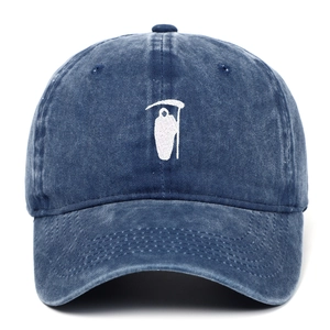 Vintage washed navy denim baseball cap with white Grim Reaper embroidery on front