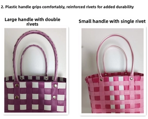 Detail view of woven bucket bags with reinforced handles and secure rivet fasteners