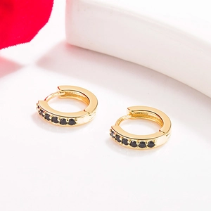 Elegant 14K gold plated hoop earrings with black zircon stones and a polished finish