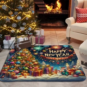 Cozy living room detail with a Happy New Year flannel mat by a fireplace and Xmas tree