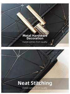 Close-up of golden metal lock and neat stitching on black geometric pattern bag
