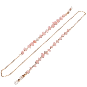 Handmade eyewear chain with pink rose quartz stones and golden metal link chain