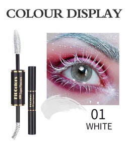 Dual-ended white mascara showing applicator wand and eye makeup effect with intense volume