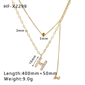 Detailed size specifications for gold double-layer necklace with H initial pendant