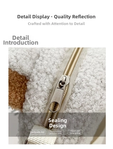 Detailed close-up of metal zipper closure and soft fleece texture on the shoulder bag