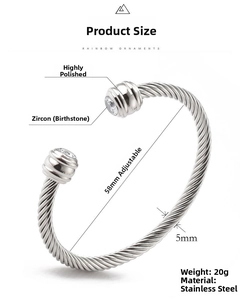 Macro view of adjustable titanium steel cable bracelet with 58mm diameter mark