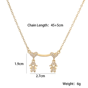 Detail view of gold-plated necklace with zircon charms and technical size measurements