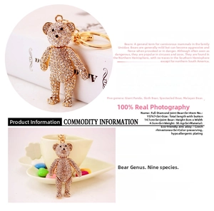 Macro shot of gold crystal bear keychain with dimensions 14.1cm and product weight 50.6g